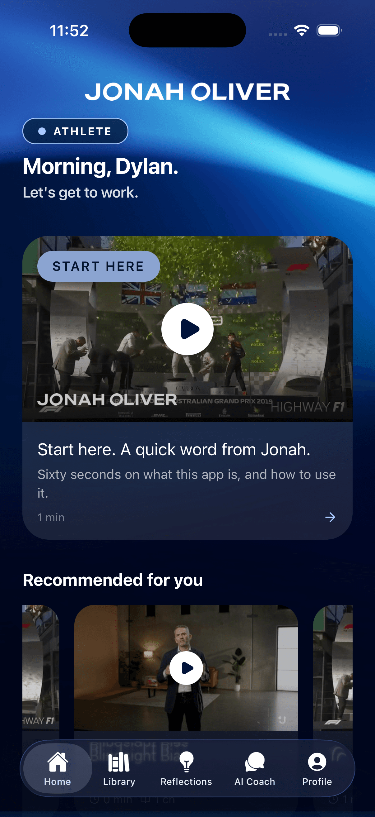 Jonah Oliver app — Home screen